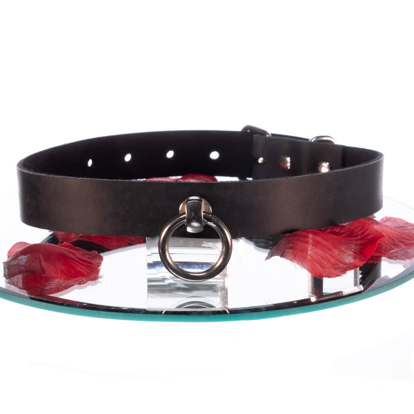 SiaLinda: Halsband echtes Leder schwarz mit großem Edelstahlring O-Ring 20mm, Geschenkverpackung